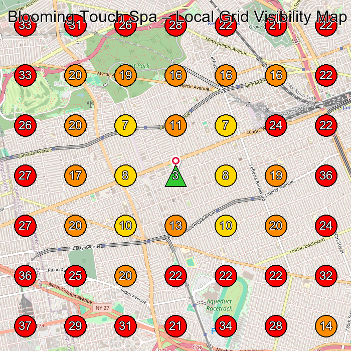 Blooming Touch Spa GeoGrid visibility map for Facial Spa in 70-20 Austin St